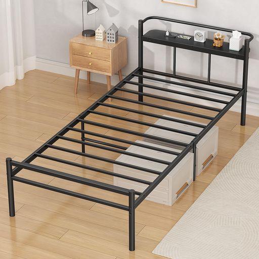 PRTONE ベッドフレーム シングルベッド 収納 宮棚 2口コンセント付き すのこベッド シングル BED FRAME SINGLE 耐荷重300KG 安定 静音 頑丈 通気 耐久 べっどふれーむ パイプベッド 30CM収納空間 組…