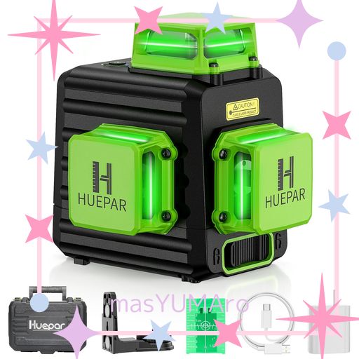 HUEPAR 3X360° レーザー墨出し器 グリーン 緑色 レーザー クロスライン 大矩 フルライン照射モデル 自動補正 2電源方式 TYPE-C充電可能 受光器対応 B03CG