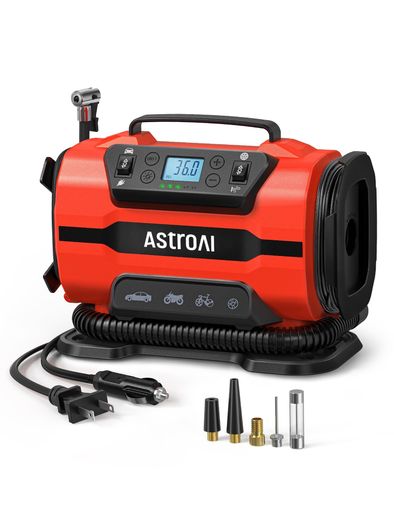 ASTROAI エアーコンプレッサー 電動空気入れ 5 IN 1 タイヤ・プール 自動車用 AC/DC給電 150 PSI 自動電源オフ メモリ機能 LEDライト五種類変換ノズル 仏式/米式/英式 全バルブ対応 バイク 自転車 …