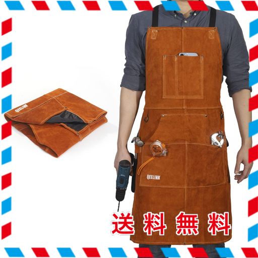 [QEELINK] 溶接エプロン 本革 作業エプロン 6つのポケット付き X型胸当てエプロン MからXXXLまで調節可 男女兼用 ワークエプロン (61CM X 91CM)