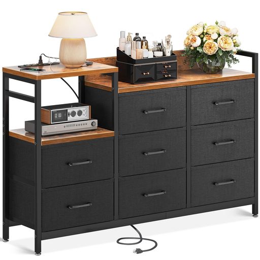 KKL チェスト タンス 収納ケース 引き出し 衣類収納 リビング収納 布製 引き出し付き 衣装ケース 箪笥 転倒防止 安定感 3段8杯 (ビンテージ+ブラック, 幅132×奥行30×高さ88CM)