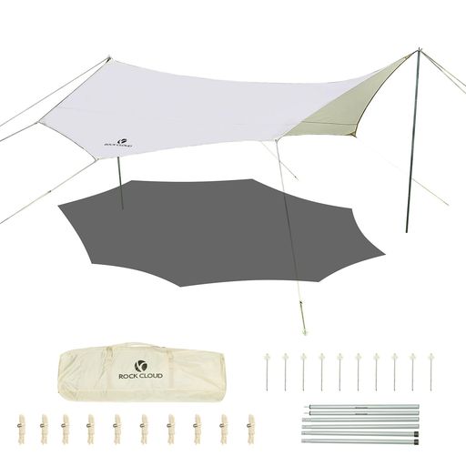 ROCK CLOUD タープ 八角形 5x4.6m 天幕 防水タープ キャンプタープ 日除け 高耐水加工 遮熱 UPF50+ 紫外線カット 2000ｍｍ耐水圧 8-10人用 ポール付き キャンプ用品 ピクニック アウトドア 収納袋 ROCK CLOUD タープ 八角形 5X4.6M 天幕 防水タープ キャンプタープ