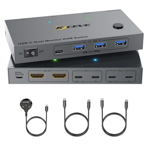KCEVE デュアルモニター USB-C USB3.0 KVMスイッチ 2入力2出力 ノートPC用 4K@60HZ KVM切替器 TYPE-C 100W PD充電、パソコン切替器 2台 TYPE-C、2台のモニターと1組のキーボード