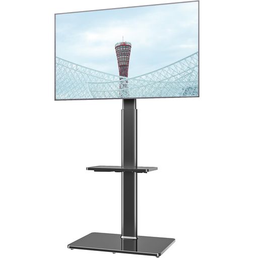 ユニバーサルフロアTVスタンド 19〜43インチフラットスクリーンTV用マウント、100度回転、高さおよび傾斜機能の調節可能、2つの棚)