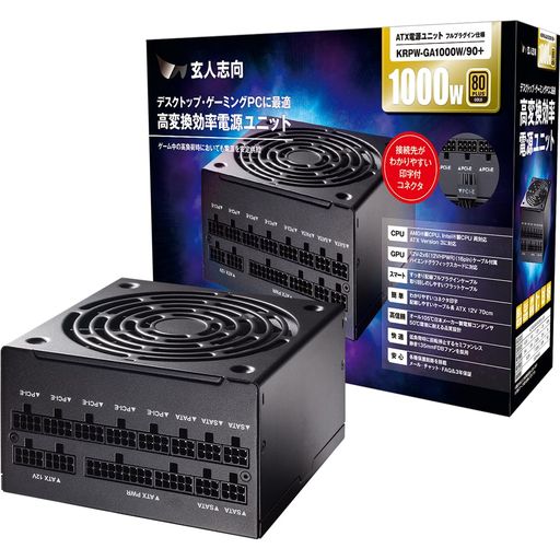 玄人志向 電源ユニット 1000W ATX 電源 80 PLUS ゴールド PC電源 フルプラグイン セミファンレス KRPW-GA1000W/90+