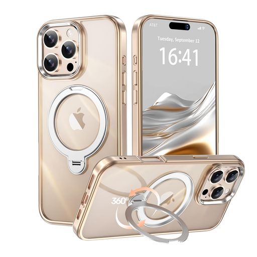 【透き通る上質感・多機能360°回転スタンド】KMAMBNG IPHONE 16 PROMAX 用 ケース【耐衝撃・金属感・真空メッキ・黄変防止・ストラップホール付き】縦横両立 角度自在 調整可能 磁吸機能でワ…