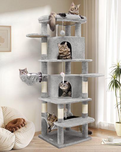 GLOBLAZER キャットタワー 高さ168 CM 大型猫用 多頭飼い 据え置き型 猫タワー 大型 キャットハウス2つ 特大ソフト展望台 ハンモッ 吊り下げバスケット 天然麻紐の爪とぎポスト 固定式 省スペ…