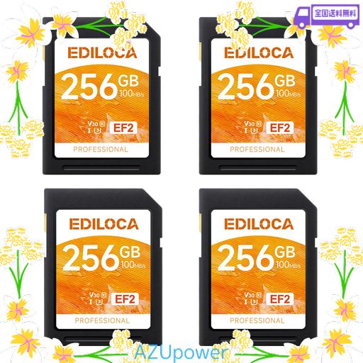 EDILOCA EF2【4枚セット】256GB SDカード UHS-I CLASS10 U3 V30 高速 最大読取速度 100MB/S 最大書込速度 90MB/S メモリカード 4K/フルHD対応