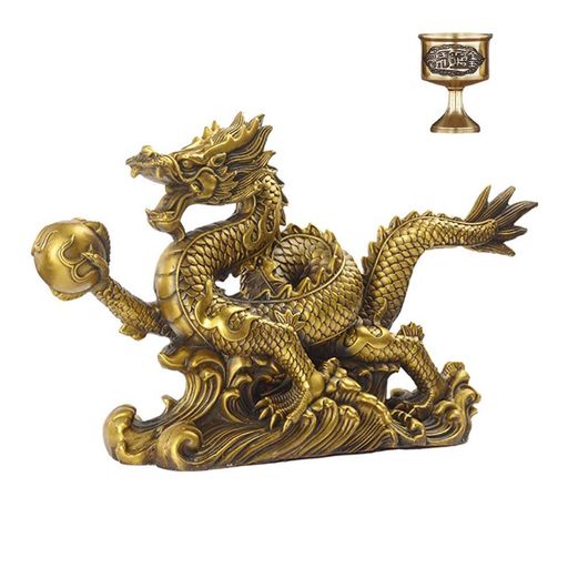 龍 置物 昇運金龍 5本爪 竜 風水龍 龍と水杯セット 珠戯れ龍 黄銅製 金運アップ 商売繁盛 開運 昇運 機運上昇 風水 置物 干支 縁起物 吉祥開運 贈答 開運祈願 銅器 (S)