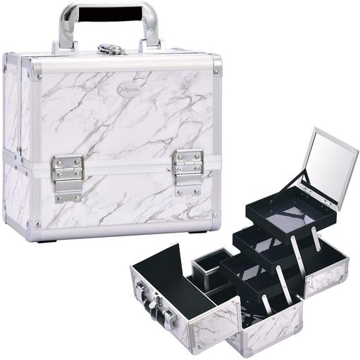HAPILIFE プロ仕様 メイクボックス 大容量 コスメボックス 鏡付き 3段トレイ 化粧箱 ネイル収納 メイク道具 化粧品収納ボックス 鍵付き 化粧ボックス 大理石柄 白 プレゼント (ホワイト)
