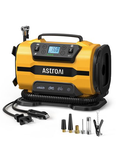 ASTROAI エアーコンプレッサー 電動空気入れ 5 IN 1 タイヤ・プール 自動車用 AC/DC給電 150 PSI 自動電源オフ メモリ機能 LEDライト五種類変換ノズル 仏式/米式/英式 全バルブ対応 バイク 自転車 …