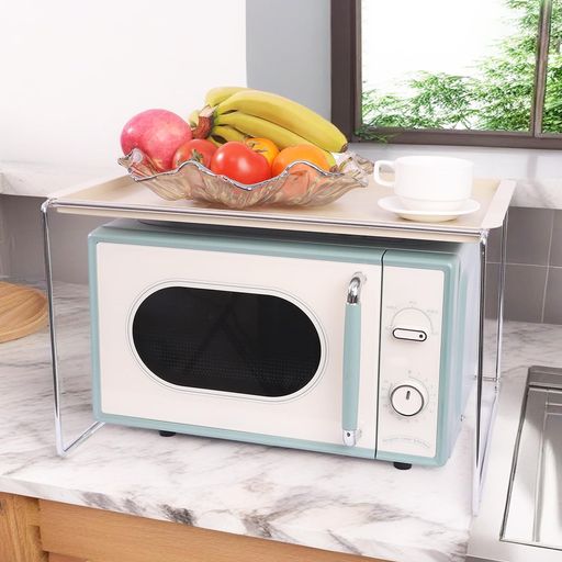 PUPUSTAR 金属製 電子レンジ用ラック(トースター台兼用) シンプルデザイン トレイ着脱式 卓上キッチン棚 レンジ上/トースター上設置可 シルバー×ベージュ サイズ(W52.5×D40×H31.5CM)