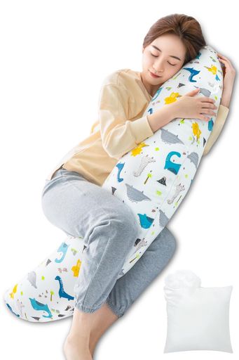 GENKI LIFE 抱き枕 だきまくら 妊婦 授乳クッション 妊娠 マタニティ 補充綿200G付き 横向きに寝やすい 綿素材カバー 洗える 妊娠祝い 三日月型 白 恐竜柄