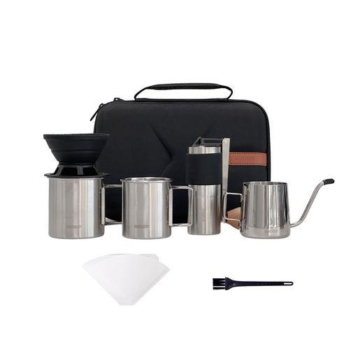 VANDROOP キャンプ コーヒーセット アウトドア 旅行用 小型 手挽きコーヒーミル 折り畳み式ハンド コーヒーグラインダー フィルターペーパー ステンレスカップ 携帯便利 収納袋付き