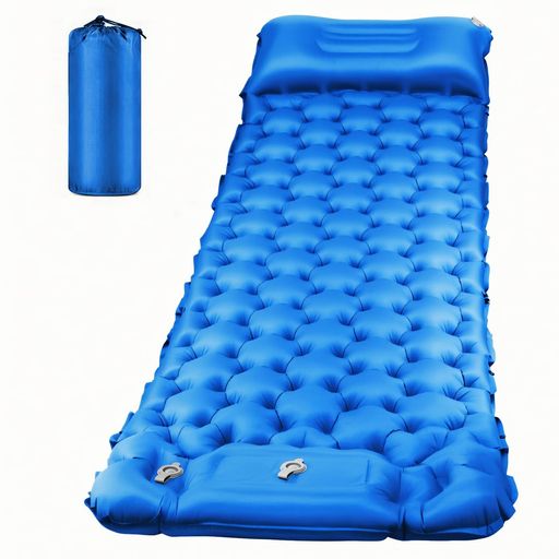 エアーマット 防災マット【新型2025・R値4.0断熱・厚さ10CM】 足踏み式エアーマット 枕付き コンパクト収納 車中泊 登山 キャンプ 防水仕様 BLUE