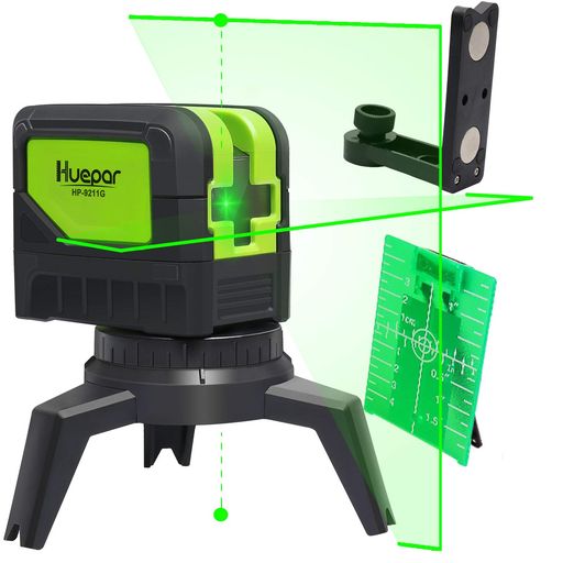 HUEPAR 2ライン グリーン レーザー墨出し器 2ポイント 緑色 クロスラインレーザー 自動水平調整機能 高輝度 ライン出射角110°&180° 地墨 鉛直ポイント 2線2点 9211CG
