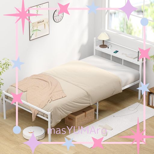 【宮棚・2口コンセント】ベッドフレーム シングルHOLDM パイプベッド 耐荷重300KGべっどふれーむ 床下収納高さ30CM スチールベッドフレーム (ホワイト, シングル)