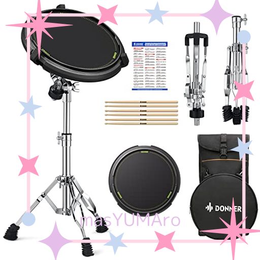 DONNER ドラム 練習パッド トレーニングドラム セット 静音 高弾 防振 ドラムパッドキット 打楽器 スネアドラムスタンド ドラムスティック3組 楽譜 収納バッグ付 12インチ ブラック