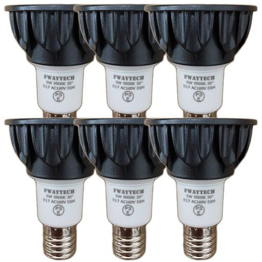 FWAYTECH レフ電球 LED E17口金 昼白色5000K 調光器対応 5W ハロゲン電球代替40W~50W相当 中角30度 ダクトレールLEDスポットライト 密閉器具対応 (5000K昼白色相当, E17口金 調光 (本体黒) 6個)