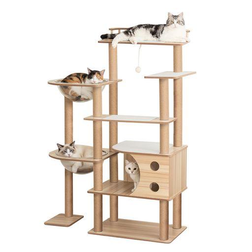 PETTIFUL キャットタワー 木製 据え置き 多頭飼い おしゃれ シニア 大型猫 宇宙船 【滑り止めマット付き】 クリアボウル 木目 インテリア性 大型 省スペース 成猫 子猫 中型猫 安定性高い 上…