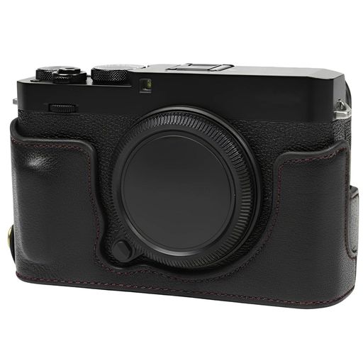 互換 X-E4 対応 カメラバッグレザーベース 写真用保護ケース(本革製保護ハーフシェル アドバンストエディション) - 滑り止めハンドル付きレトロデザイン (ブラック)