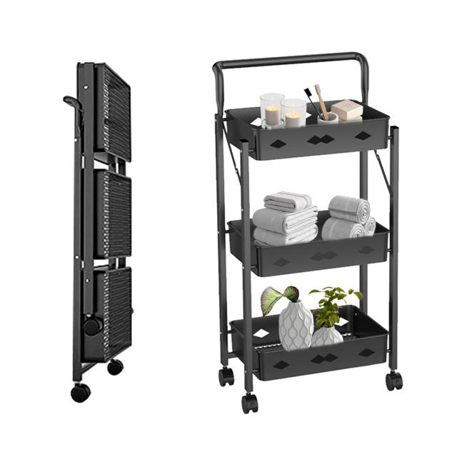 キッチンワゴン 折りたたみ式 ワゴン ベビーワゴン キャスター付きワゴン 3段キッチンワゴン 収納カート 大容量 炭素鋼 三段ワゴン スリムラック 組立不要 おしゃれ キャスター付き 60KG耐荷重 (ブラック 折りたたみ式)の通販は