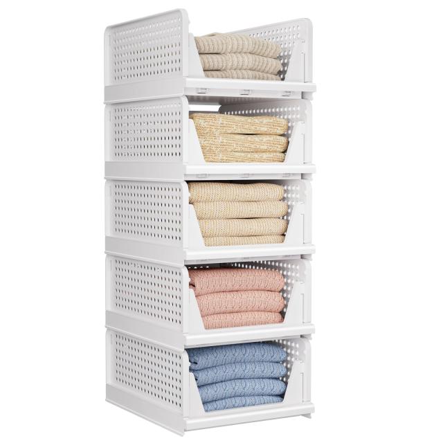 衣装ケース 5段ボックス 奥行き43cm 収納ボックス 組み合わせて使える収納トレーワイド 押し入れ用 収納 プラスチックケース 折畳式 大容量 クローゼット収納 服 ぬいぐるみ 収納 積み重ね可能 省スペース 1セット5個 ホワイトの通販は