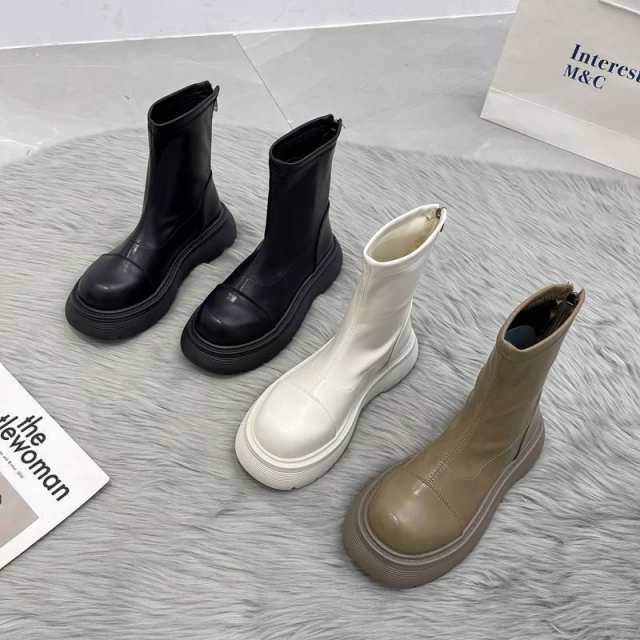 厚底ブーツ レディース ブーツ 厚底 ショートブーツ 厚底靴 ストレッチブーツ カジュアル おしゃれ ラウンドトゥ ローヒール ショット靴 歩きやすいの通販はその他靴・シューズ