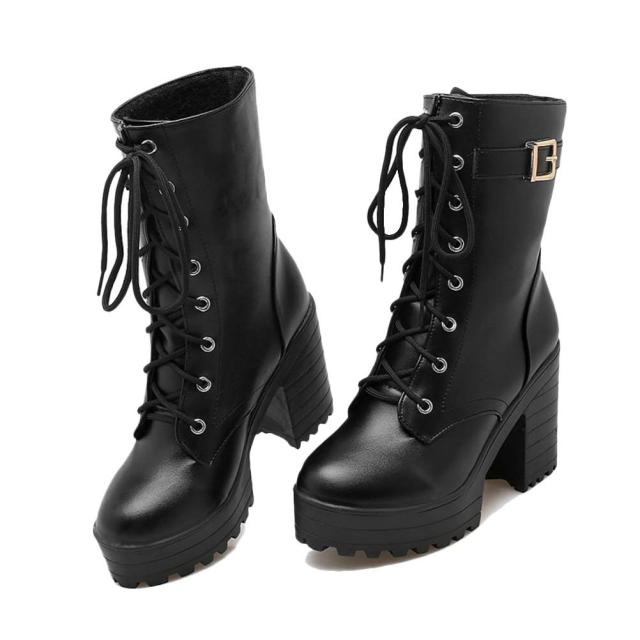 [] C&M ブーツ レディース レースアップ 編み上げ 厚底 太ヒール ローヒール 秋冬 美脚 カジュアルシューズ COSPLAY コスプレ シンプル 無地の通販は 5,299円