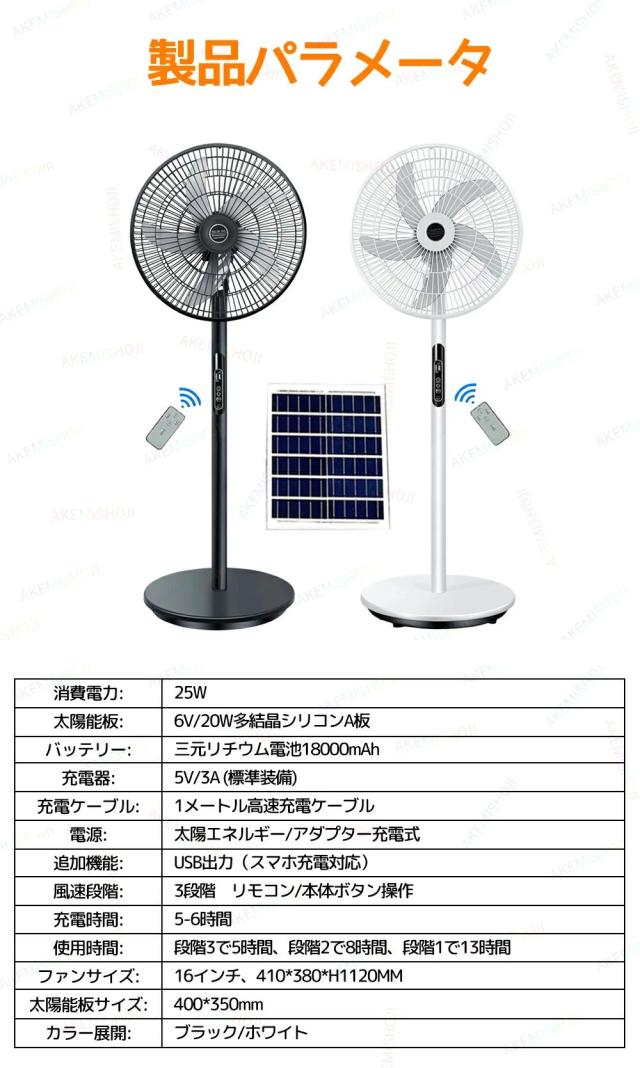 ソーラーファン 扇風機 ソーラーパネル付き 太陽光充電 DCモーター 18000mAh大容量バッテリー 3段階風量調節 自動首振り USB給電ポート付き コードレス フロアファン リビング扇風機 防災 アウトドア 屋内屋外対応_7