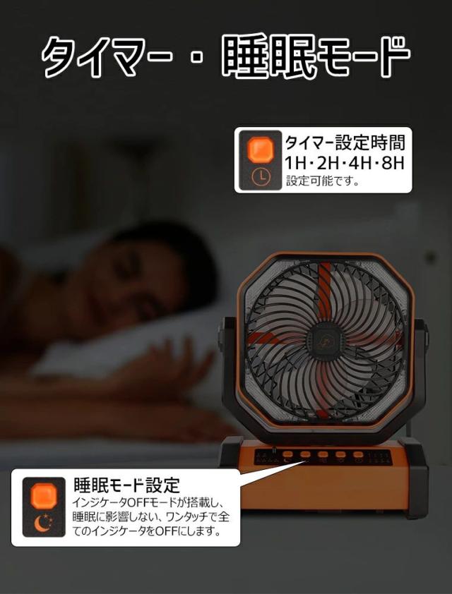 【2026人気商品】充電式アウトドア扇風機 20000mAh大容量 自動首振り 卓上/吊り下げ対応 コードレス サーキュレーター 強力送風 4段階風量調節 LEDライト付き タイマー機能 静音 キャンプ 車中泊 防災用 リモコン付き_10