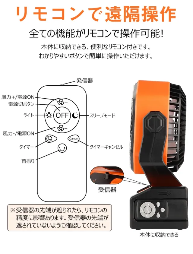 【2026人気商品】充電式アウトドア扇風機 20000mAh大容量 自動首振り 卓上/吊り下げ対応 コードレス サーキュレーター 強力送風 4段階風量調節 LEDライト付き タイマー機能 静音 キャンプ 車中泊 防災用 リモコン付き_13