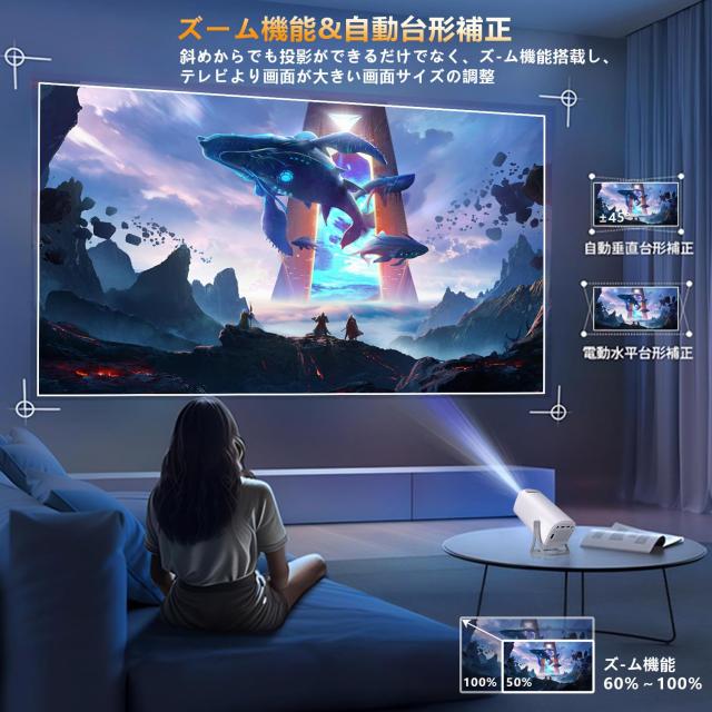 プロジェクター 小型 家庭用 天井投影 270°回転スタンド Android TV搭載 18000LM 高輝度 4K対応 1080P フルHD WiFi6 Bluetooth5.3 自動台形補正 短距離投影 ズーム機能 ホームシアター スマホ iPhone Android PS5 Switch対応 静音 軽量_5