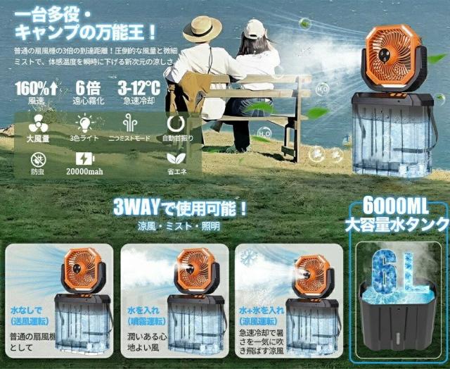 ミストファン 扇風機 加湿機能付き 20000mAh大容量 USB充電式 コードレス DCモーター 風量4段階 静音 首振り LEDライト付き_1