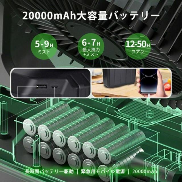 ミストファン 扇風機 加湿機能付き 20000mAh大容量 USB充電式 コードレス DCモーター 風量4段階 静音 首振り LEDライト付き_5