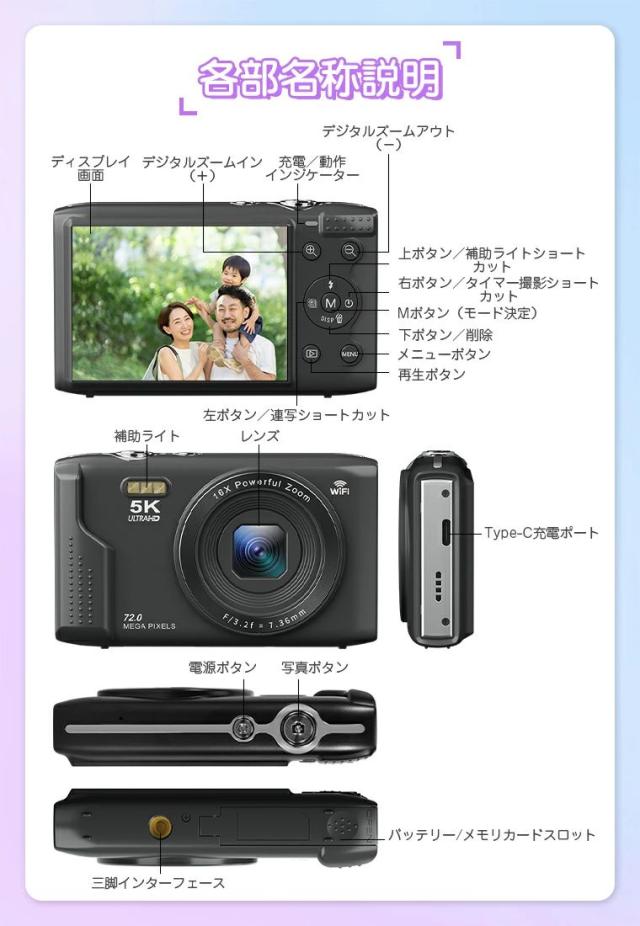 【7200万画素・5K高解像度】トイカメラ デジカメ WIFI対応 デジタルカメラ コンデジ キッズカメラ 子供用カメラ デジカメコンパクト タイマー撮影キッズ ビデオカメラ女の子男の子学生修学_16
