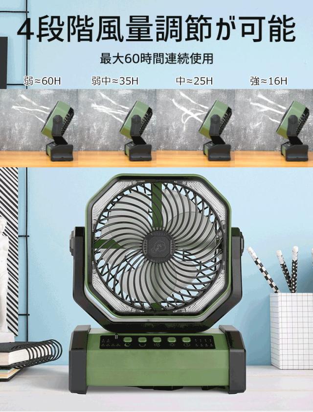 【20000mAh大容量バッテリー・長時間使用・自動首振り 】充電式 扇風機卓上吊り下げサーキュレーターコードレス充電式アウトドア扇風機静音強力送風 キャンプ せんぷうき風量4段階LEDライトタイマ充電式ファン車中泊_5