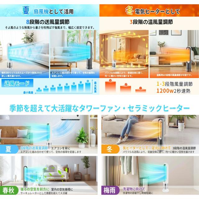 扇風機 タワーファン スリム【冷暖両用＆羽根なし＆DCモーター電気代節約】リビング扇風機 サーキュレーター 8段送風&3段温風 大風量 100°左右首振り 9Hタイマー 省エネ 静音 節電 転倒OFF 安全機能搭載 夏冬兼用 寒さと熱中症対策_4