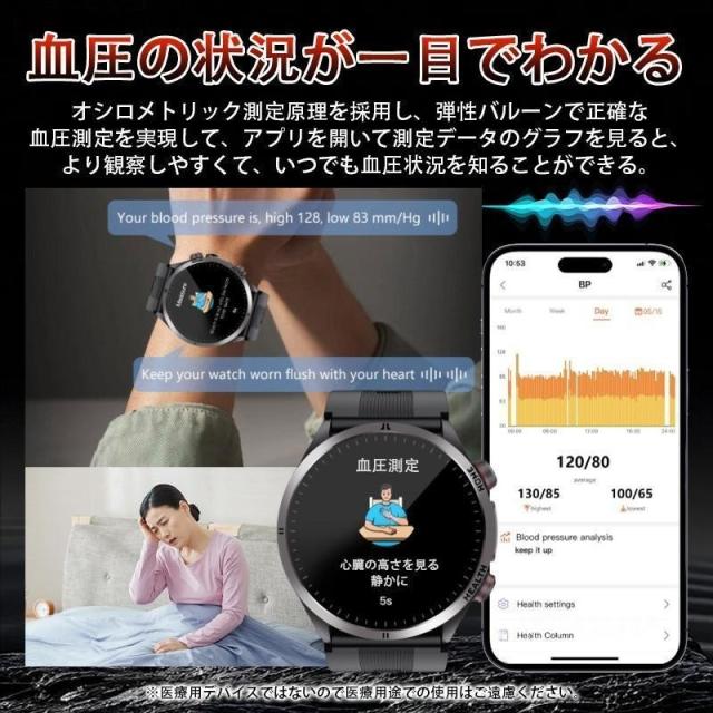 スマートウォッチ 医療レベル健康- 高精度エアバッグ血圧測定 ECG心電図 血中脂質 尿酸 体温 血中酸素 心拍数 健康管理 高齢者 日本製センサー プレゼント最適_5