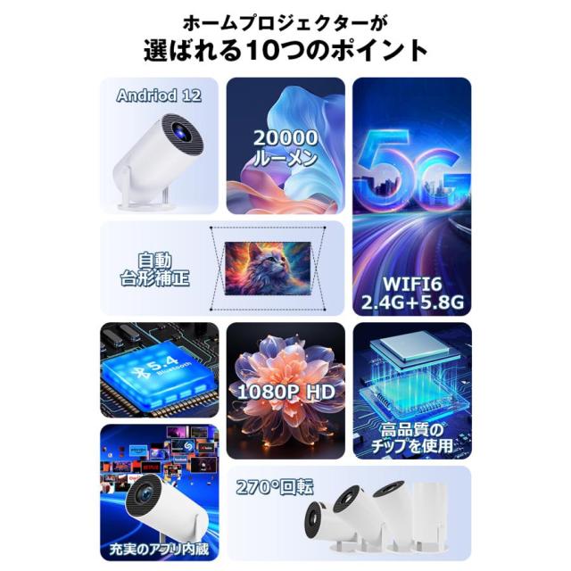 2026進化版 プロジェクター 小型 20000LM 4K 家庭用 高解像度 Android TV12.0 自動台形補正 WI-FI6 Bluetooth DVD スマホ 壁 天井投影_1