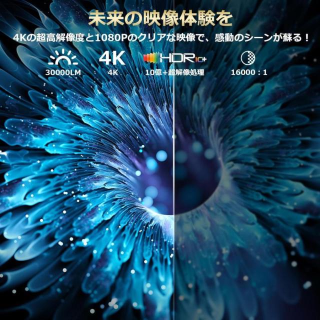 プロジェクター 家庭用 小型 360°回転 30000lm 高輝度 4K HiFiスピーカー内蔵 天井投影 ホームプロジェクター Wi-Fi Bluetooth 爆買_1