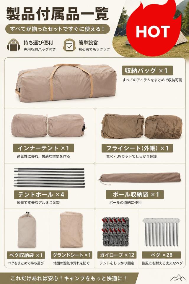 大型 ワンタッチテント 4~6人用 ロッジ型テント 　キャンプテント　一体型 自立式 2つの前室 前室ポール付き　室内LED付き 設営簡単_9