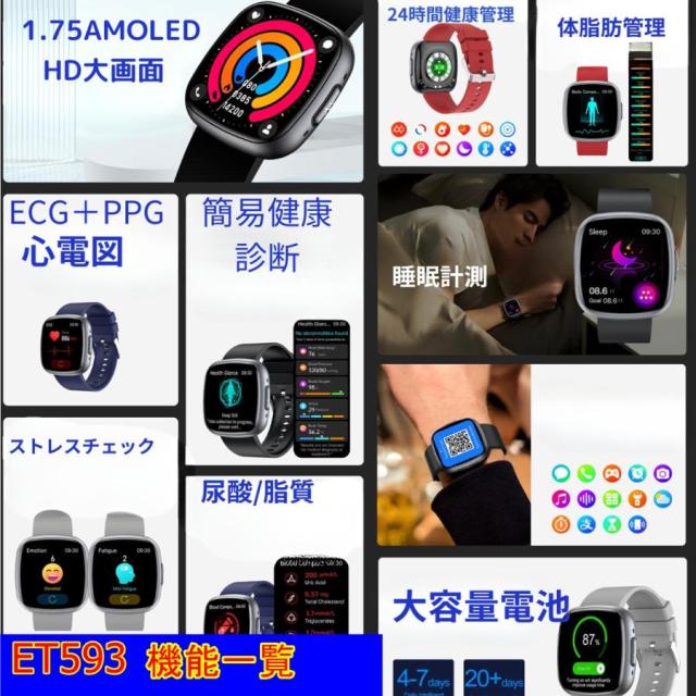スマートウォッチ 通話機能 ECG心電図 血圧測定 血中脂質 尿酸 AI診断 皮膚温 高精度心拍数 血中酸素 睡眠 着信通知 24時間健康管理 SOS_1
