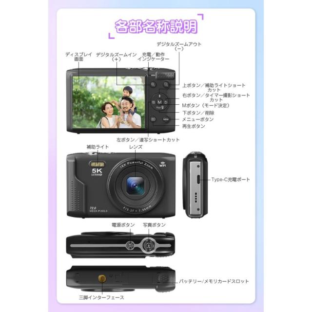 デジタルカメラ 5K 7200w画素 高画質 16倍ズーム デジカメ オート