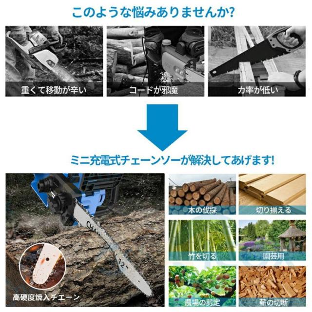 チェーンソー 充電式 ハンディ 12インチ 電動ノコギリ 家庭用 コードレス 安全ロック 軽量 レスチェーン調整 工具不要 自動給油 操作便利 強力 木工切断 枝切り_1