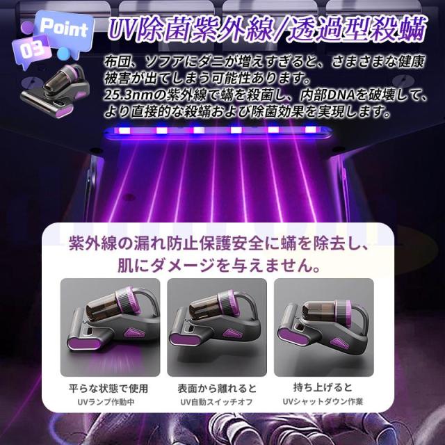 ダニ対策 分離式 布団クリーナー 布団掃除機 コードレス 布団掃除機 ダニ除去 埃除去 UVランプ除菌 三段階パワーモード 梅雨対策 ダニ取り掃除機 超軽量_10