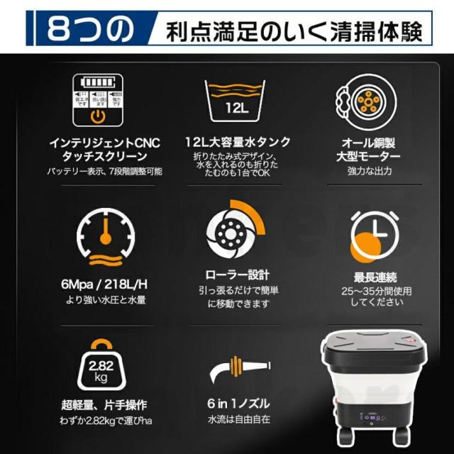 2026新登場 高圧洗浄機 コードレス 折り畳み式 充電式 洗浄機 高圧洗浄 タンク式 水道接続不要 6in1多機能ノズル 軽量 持ち運び便利 簡易シャワー