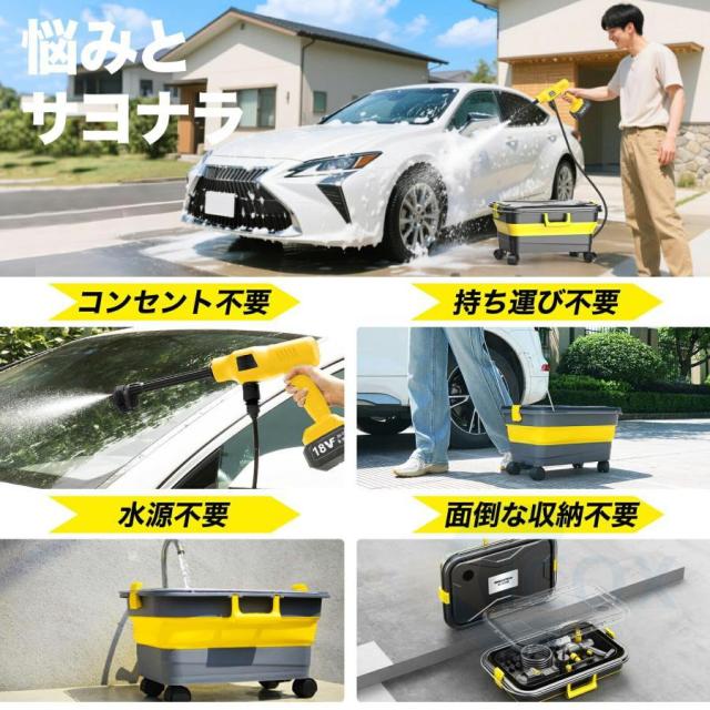 高圧洗浄機 20L折り畳みバケツ コードレス 充電式高圧洗浄機 6in1ノズル 高性能 強力 最大吐出圧力8MPa 小型 軽量 段階調整 持ち運び便利 大掃除 洗車機 家庭用_1