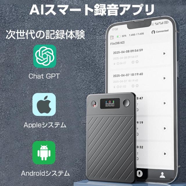 ボイスレコーダー 小型 翻訳機 文字起こし 通話/対面録音モード自動切替 仕事効率化AIツール ChatGPT連携 189ヶ国語対応 15H連続使用 薄型 マグネット吸着 軽量_2