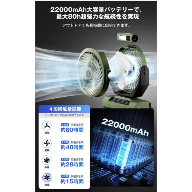 キャンプ扇風機 扇風機 充電式 アウトドア 4階段風量調節 タイマー 80時間連続使用 自動首振り 吊り下げ LEDライト リモコン付き 卓上 防災 キャンプ_2